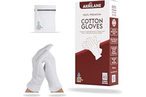 AKRILANE XS Extra Small 5 Pairs 100% Premium Cotton Gloves for Dry Hands | Moisturizing Overnight Gloves for Eczema, Psoriasis & Skin Spa Treatment for Women & Men | Washable & Reusable with Free Laundry Bag