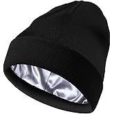 Satin Lined Beanie Hat for Women Men, Wool Knit Cuffed Silk Lining Fisherman Beanies Slouchy Warm Winter Hats Skull Cap