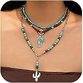 Hclian Western Necklaces Boho Layered Charm Necklace for Women Turquoise Beaded Choker Ox-head Pendant Necklace Western Jewelry for Women Cowgirl Accessories