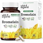 Wild & Organic Bromelain 500 mg Capsules - Digestive Support - Bromelain Powder Supplement - Pineapple Enzyme Source - Vegan, No Fillers, Non-GMO - 60 Count