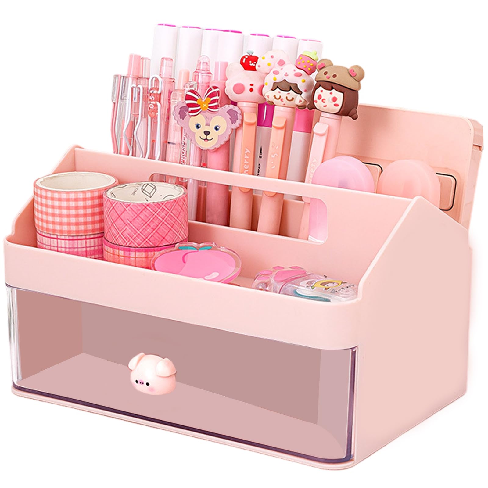 Elezeal Desk Organiser with Drawers, Small Cute and practical Caddy with Compartments, Desk Tidy and Makeup Brushes Holder for Home, Office and School(pink)