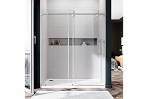 UNIKOO 61"- 65" W×76" H Frameless Stainless Steel Sliding Shower Door in Brushed Nickel with 3/8" (10mm) Certified Tempered Clear Glass. The King Series UKS04-6576-BN