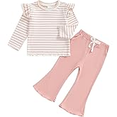 FOCUSNORM Toddler Baby Girl Outfits Ruffle Long Sleeve Striped Trim Tops + Flare Pants Set Toddler 2Pcs Fall Winter Clothes