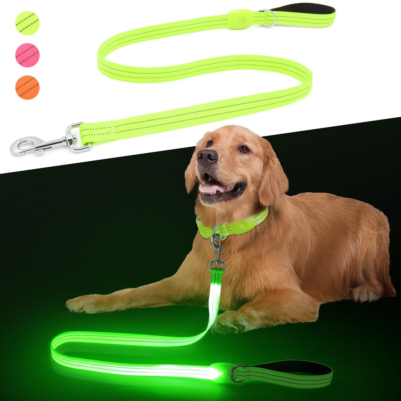 ChalkLit Led Light Up Dog Lead, 4 Ft Soft Rechargeable Waterproof Reflective Flashing Dog Leash with Padded Handle for Night Walking, Safety Glow in The Dark Dog Lead for Large Medium Pets(Green) — image 1