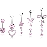 Kenivira Gold/Silver Belly Button Rings Hypoallergenic,Surgical Stainless Pink CZ Opal Pearl Heart Butterfly Bow Flower Piercing Kit,Cute Dangle Belly Button Navel Pack Jewelry