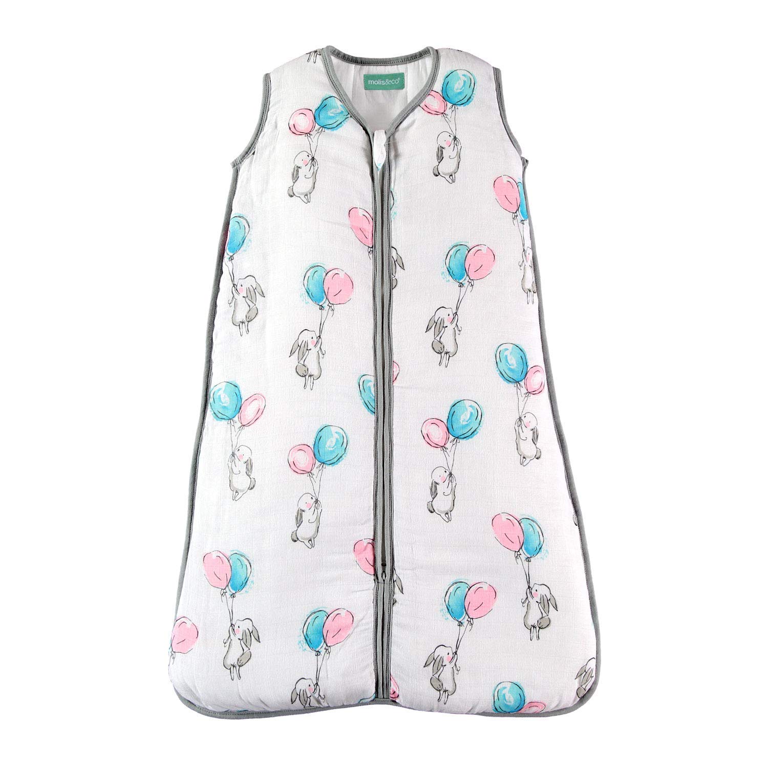 molis&co Premium Muslin Baby Sleeping Bag and Sack, 2.5 TOG,Super Soft and Warm Unisex Wearable Blanket, 18-36 Months. 35.8", Ideal for Winter. Unisex Bunny and Balloons Print in Blue & Pink.