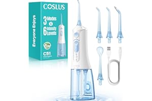 COSLUS Portable Water Flosser for Teeth: 3 Modes & 6 Pressure Settings with Jet Mode Water Dental Pick for Orthodontic, Braces, Sensitive Gums, Compact for Travel, 300ML for Multiple Users, White C51