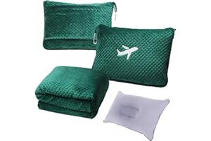 Nenolix 3 in 1 Travel Blanket Pillow Set - 350 GSM Thick Travel Blanket Airplane Compact with Bag, Soft Bag with a Pocket, Inflatable Travel Pillow for Camping & Car Trip (Dark Green)