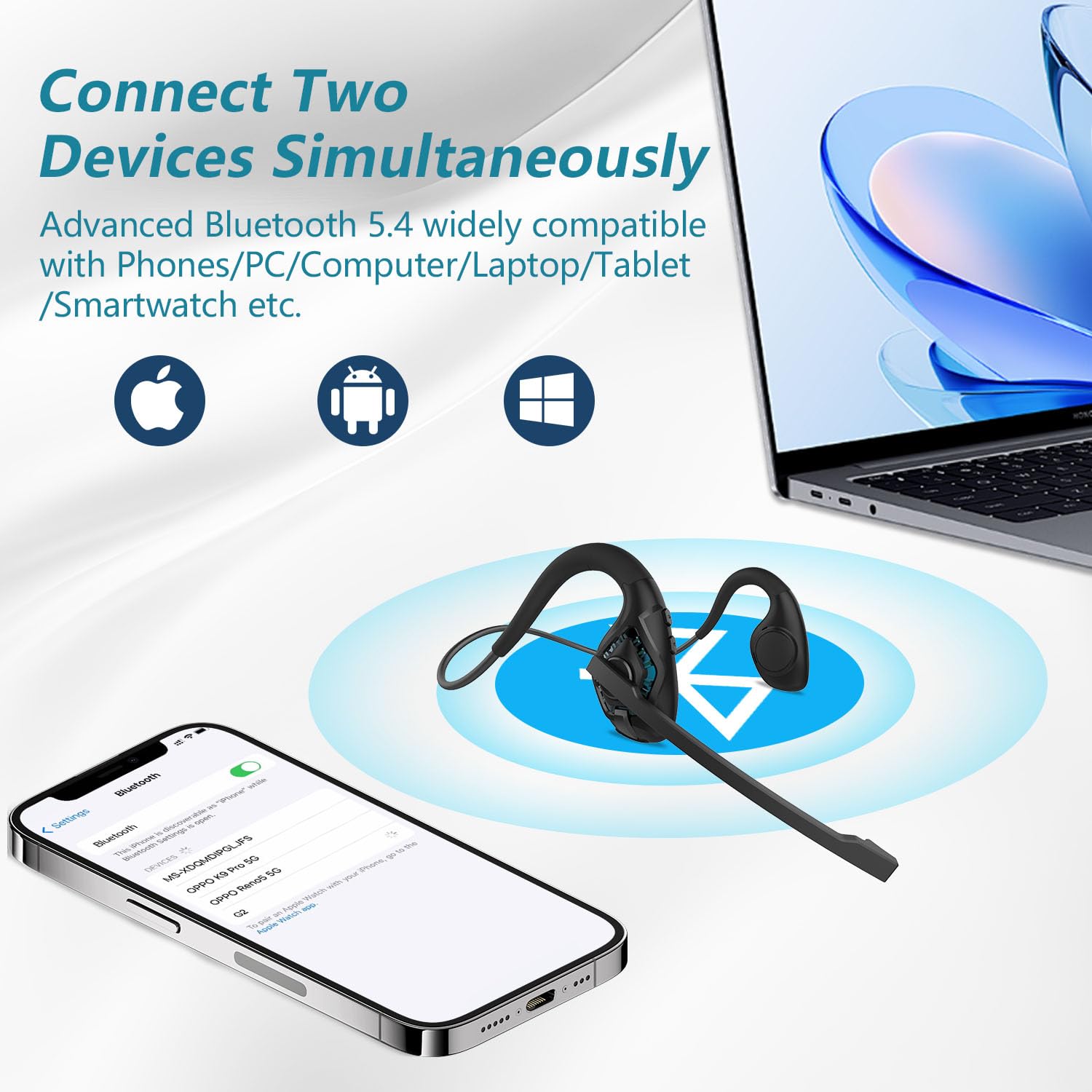 BANIGIPA Bluetooth Headset with Boom Microphone, Open Ear Headphones w/Noise Canceling Mic, Wireless Headset for Phone Laptop PC Computer, Light and Comfortable for Office Meeting Home Working-10 Hrs