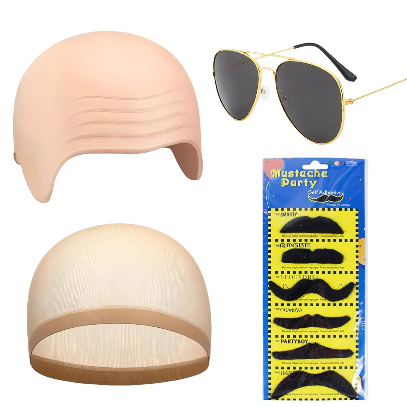 AYNKH Adult Bald Cap Costume Set - Latex Bald Head Cap + Black Sunglasses + Fake Beard Pack + Hair Net | Cosplay Accessories for Halloween, Music Icon & Celebrity Fancy Dress | Unisex Adult Size