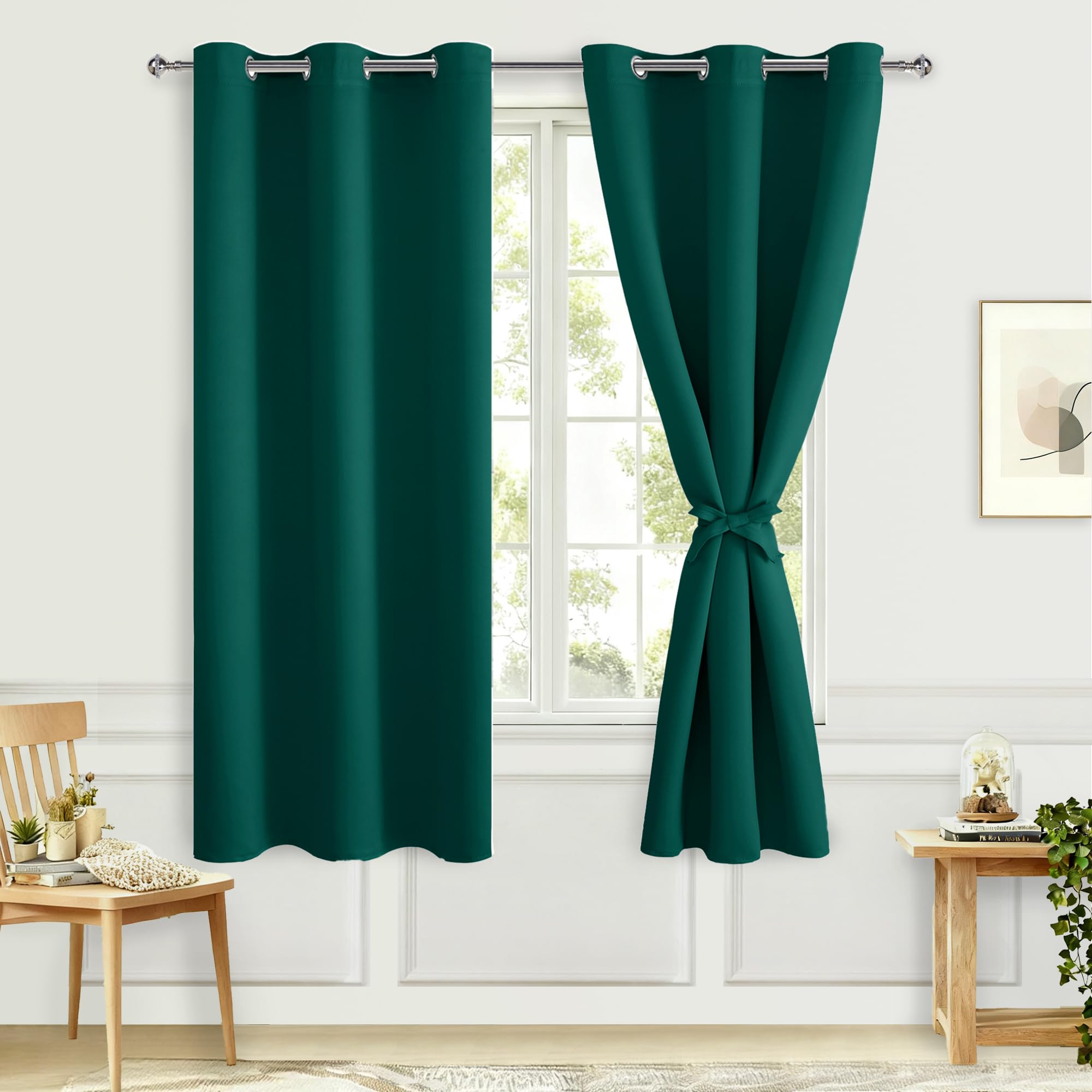 Hiasan Room Darkening Window Curtains for Bedroom, Thermal Insulated, Energy Saving Blackout Curtains, Set of 2 Panels, Sewn with Tiebacks, Grommet Top (Hunter Green, 38 x 63 Inch) Image