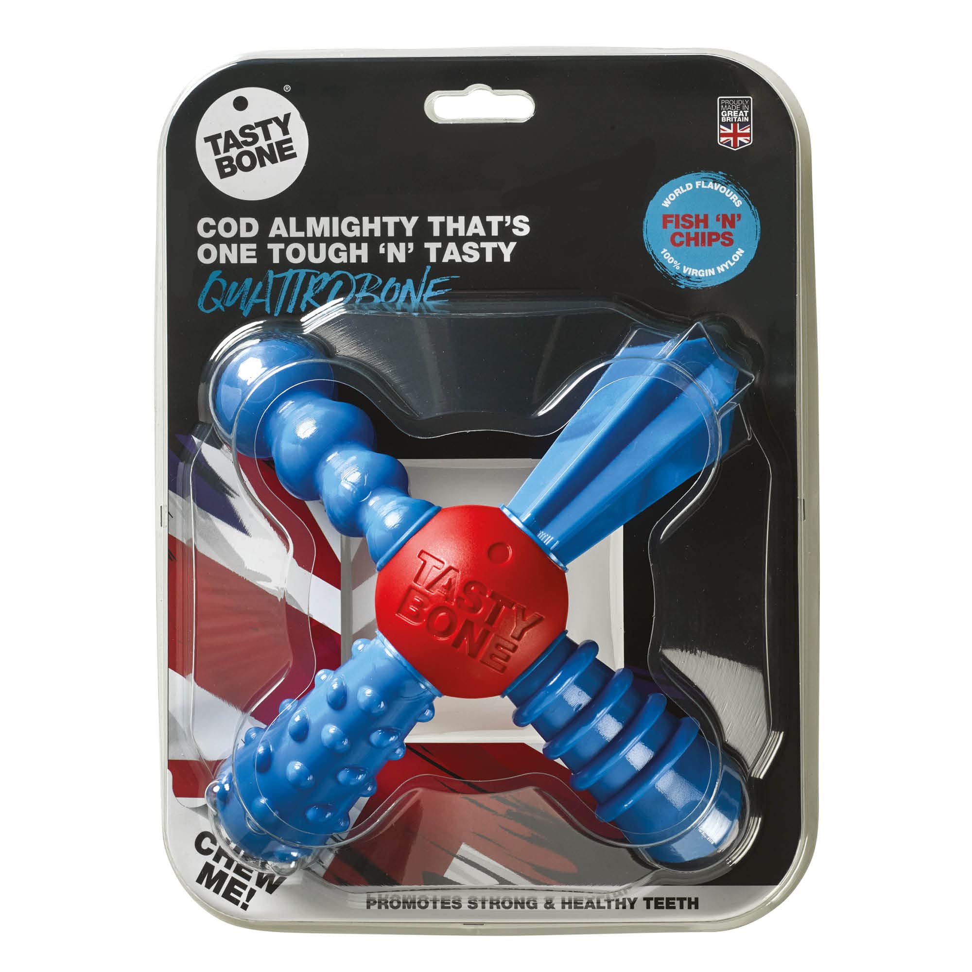 TastyBone QuattroBone Nylon Dog Chew Toy for Large Dogs (Fish & Chips) - Indestructible for Aggressive Chewers, Everlasting Flavour, Strong Healthy Teeth, Made in the UK