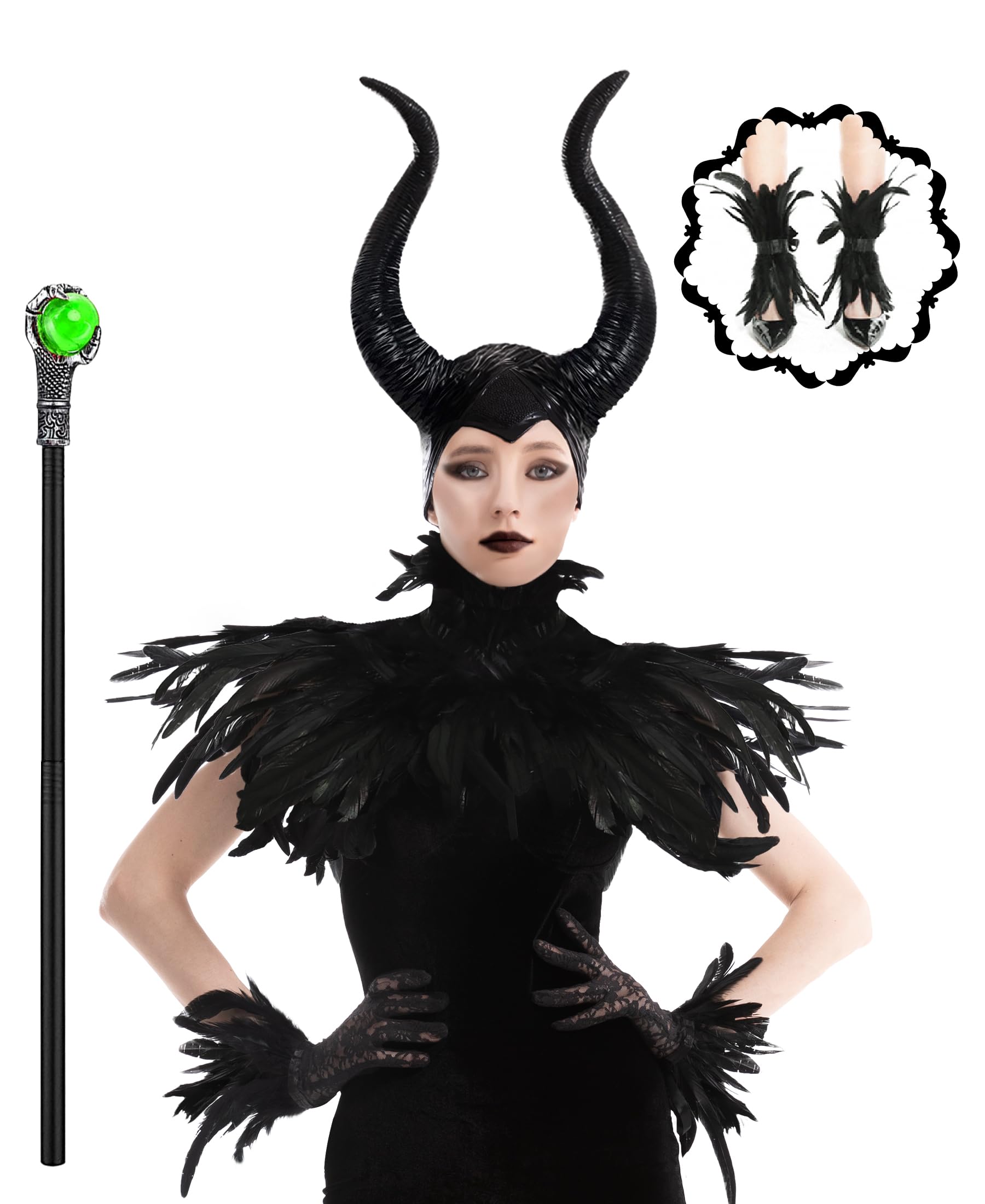 Photo 1 of Women's Halloween Maleficent Costume, Gothic Black Crow Darkness Suits with Horn, Staff, Feather Cape Shawl and Long Lace Gloves and Footcovers for Adult Evil Witch Maleficent Queen Cosplay Party