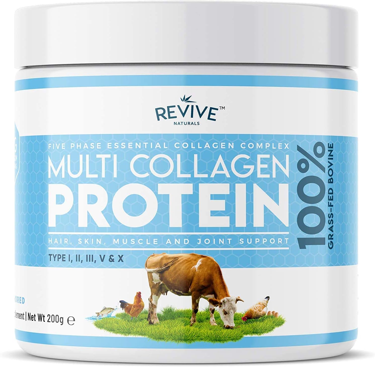 Multi Collagen Protein Powder (200g), Types I, II, III, V & X, Hydrolyzed Grass Fed Bovine, Wild Caught Fish