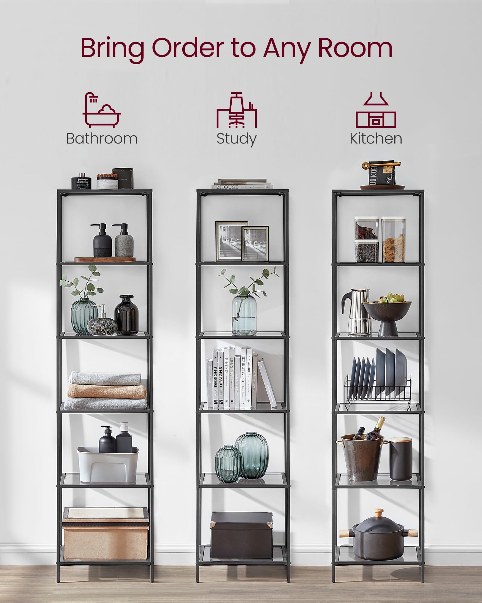 VASAGLE Bookcase, 6-Tier Bookshelf, Slim Shelving Unit for Bedroom, Bathroom, Home Office, Tempered Glass, Steel Frame, Ink Black and Slate Gray ULGT500G01