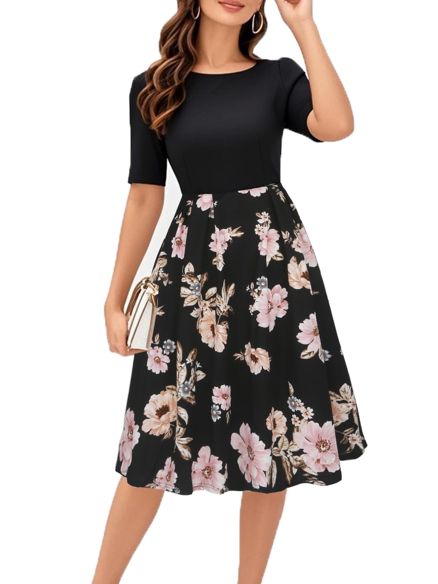 Photo 1 of oxiuly Vintage Novelty Birthday Dresses for Women 2025 Elegant Modest Fit and Flare Swing Sunday Vacation Holiday Hepburn Style Party Cocktail Church Graduation Cocktail Dress OX165 BK Pink F M