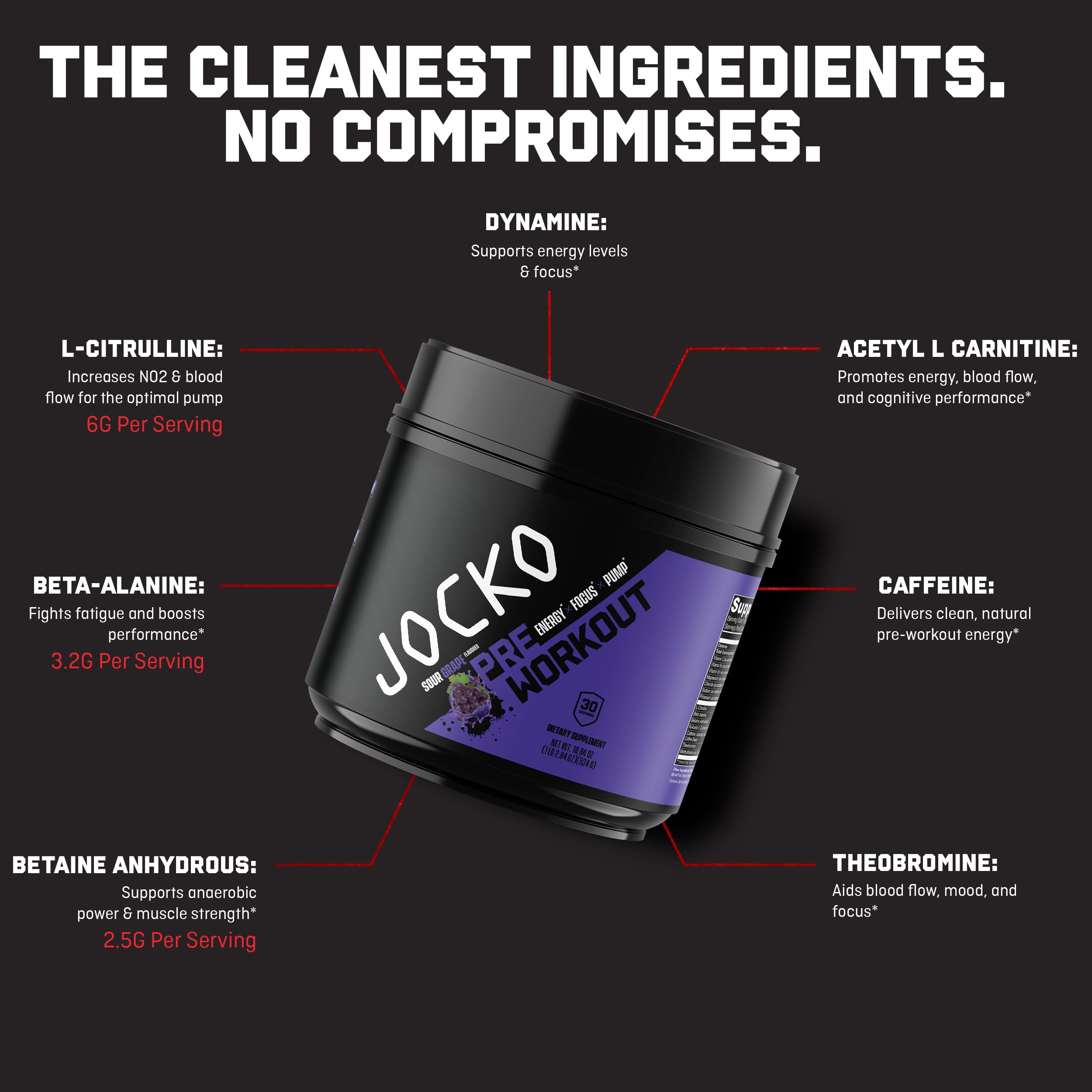 JOCKO FUEL Ultimate Pre Workout Powder - Pre-Workout Energy Powder Drink for Men & Women - High Stim Sugar-Free Nootropic Blend to Support Muscle Pump, Energy, & Recovery 200mg Caffeine Sour Grape