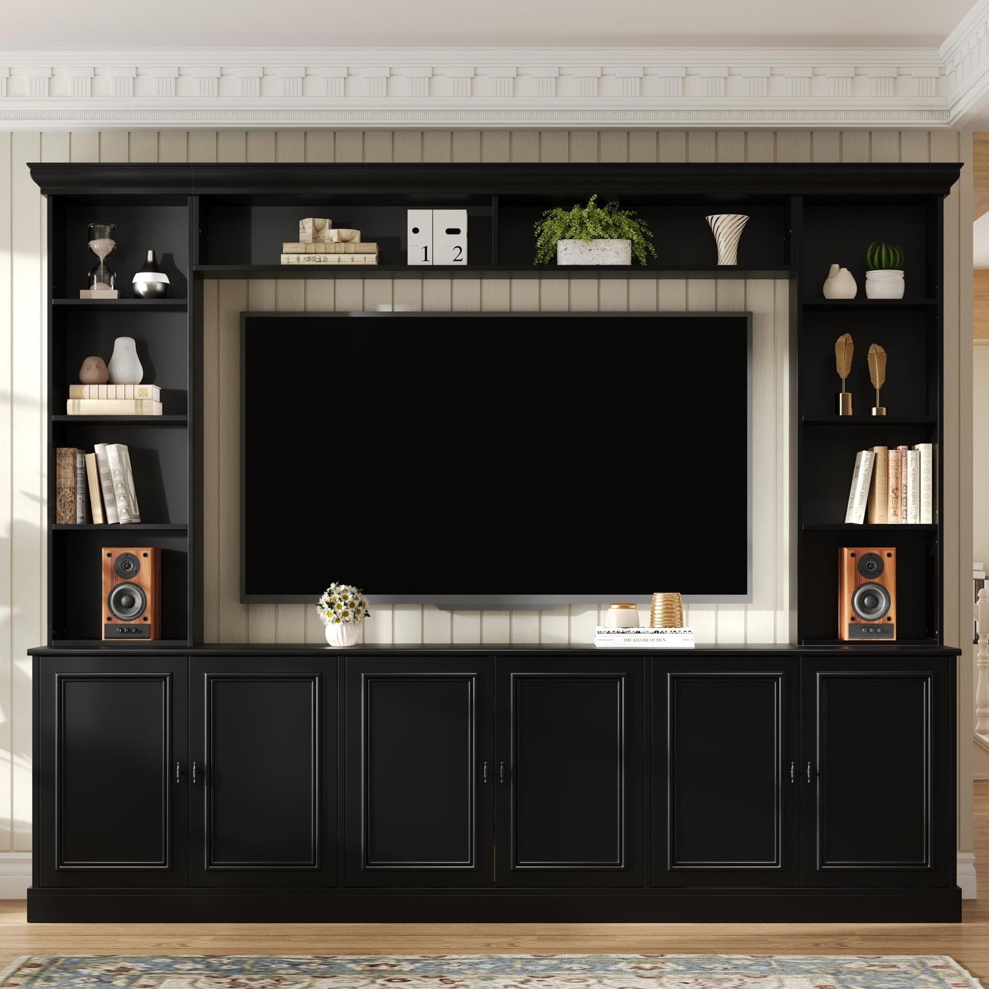 Photo 1 of (missing sold as parts/assembly required) Ball & Cast 4-Piece Wall Unit Entertainment Center with Bookshelf for TVs Up to 70",Versatile Retro Entertainment Wall Unit TV Stand W/Adjustable Shelf,Mid-Century Media Console for Living Room,Black