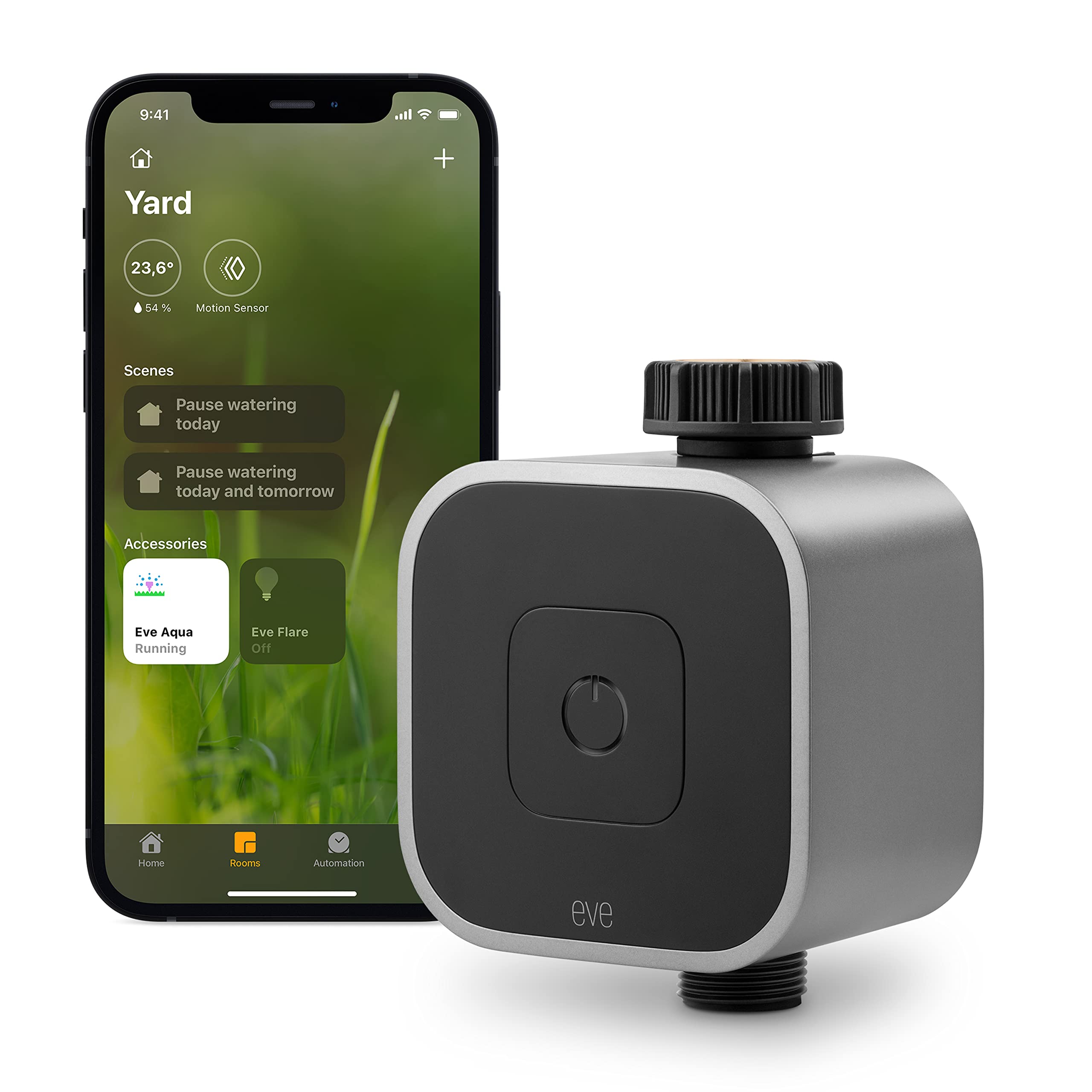 Eve Aqua – Smart water controller for Apple Home app or Siri, irrigate automatically with schedules, easy to use, remote access, no bridge, Bluetooth, Thread, HomeKit, Silver (20ECC8101)