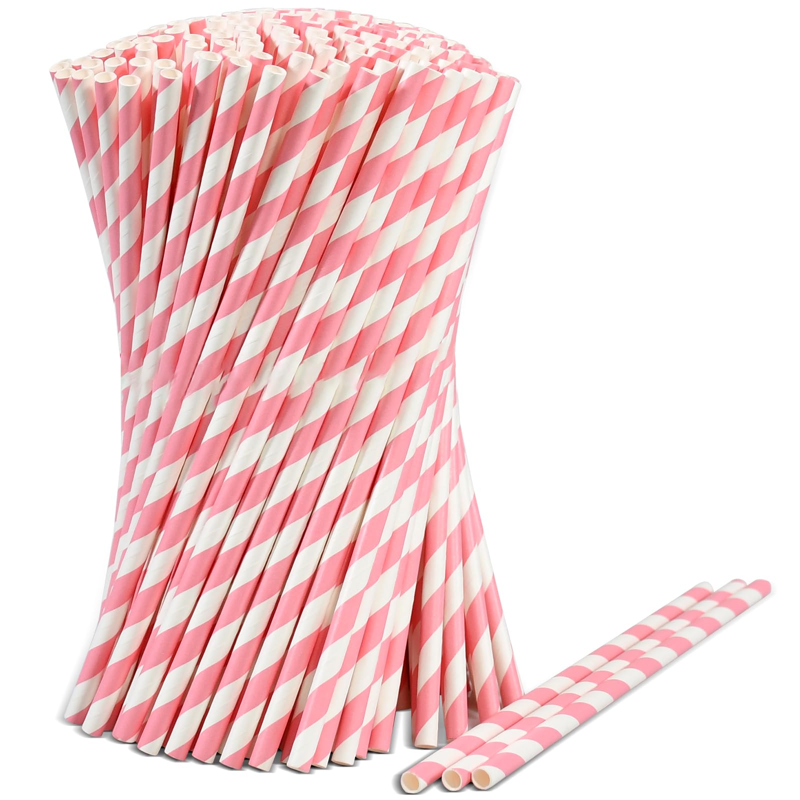 Disposable Paper Drinking Straws with Pink/White Stripes, Pack of 1000, 19.7 cm x 0.6 cm - Biodegradable and Compostable
