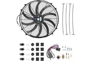 SSN 16" Electric Radiator Cooling Fan Thermostat Wiring Switch Relay Kit, Push Pull Electric Radiator Universal Slim Fan with 12V 120W Mount Kit Black