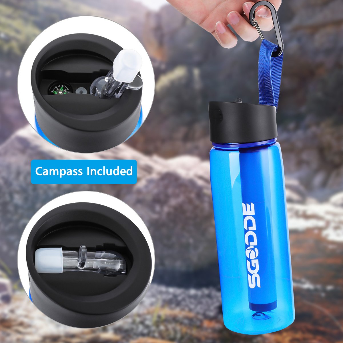 SGODDE Water Filter Bottles with 2-Stage Integrated Filter Straw BPA Free Filtered Water Bottle for Hiking, Camping, Backpacking and Travel