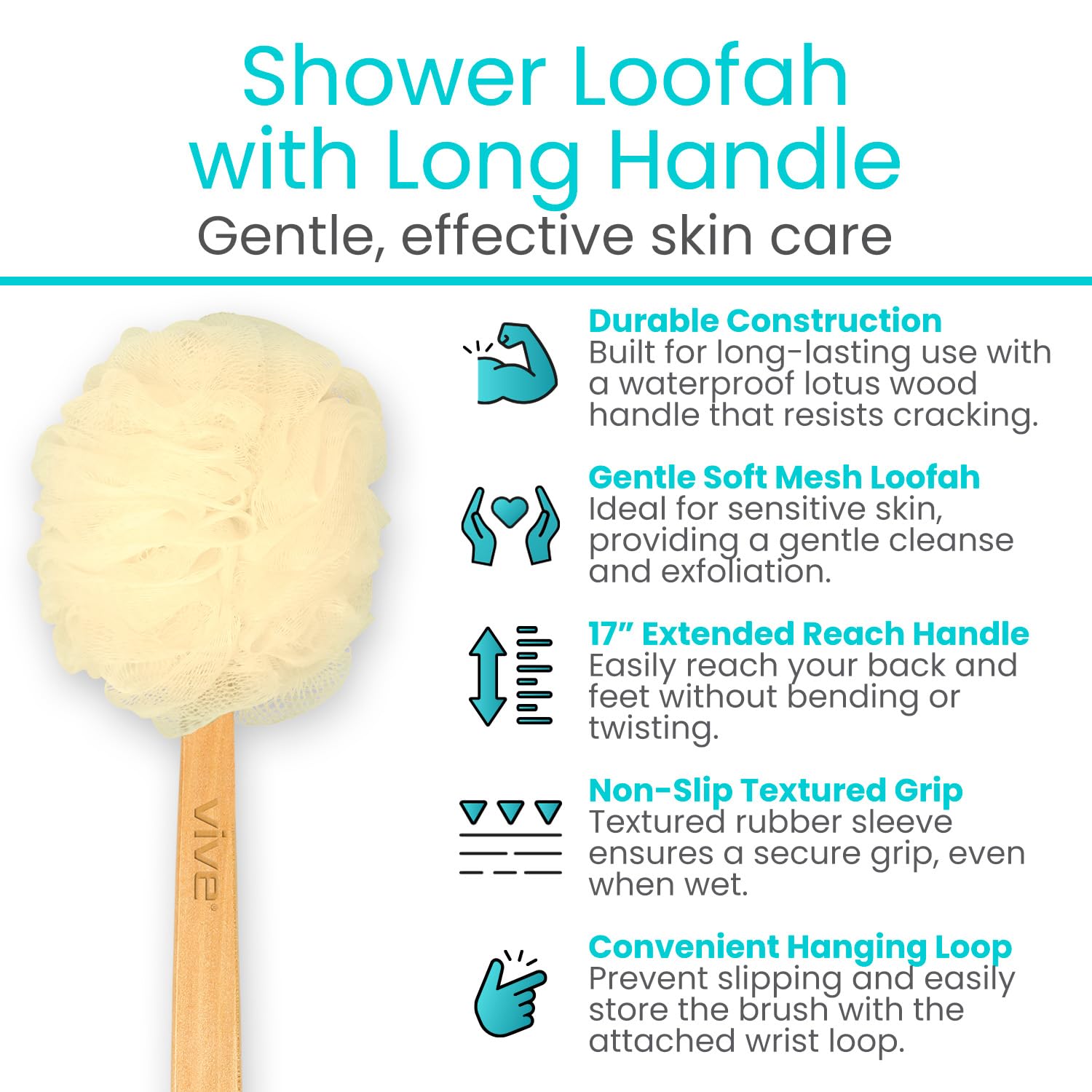 Vive 17” Shower Loofah with Long Handle - Exfoliating Back & Body Scrubber for Men & Women - Luffa Sponge on a Stick for Bathing, Cleaning - Includes Extra Handheld Lufa, Hook & String to Hang on Wall