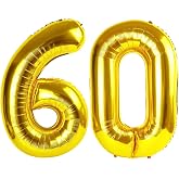 Gold 60 Balloon - Number Balloon 40 Inch, 60th Gold Birthday Decorations | Giant foil helium inflatable 60th balloon numbers, Gold birthday party decorations for men &amp; women, helium supported