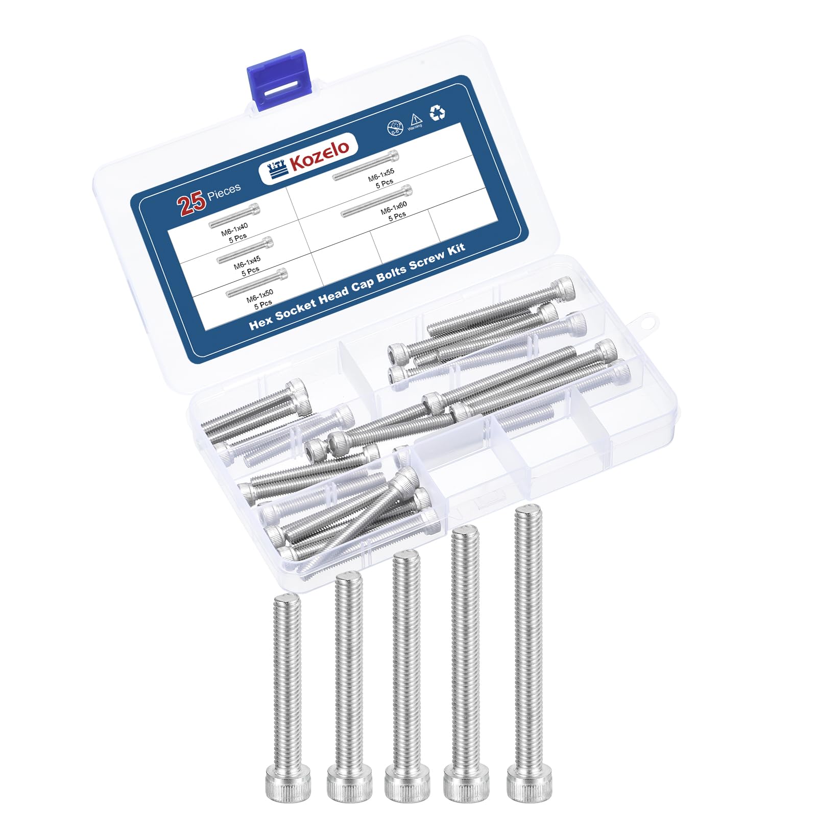 Kozelo 25pcs M6 Socket Head Cap Screws Bolts Nuts Assortment Kit - [M6x40/45/50/55/60mm] 304 Stainless Steel Allen Socket Drive for 3D Printer