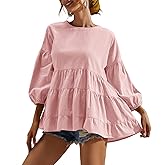 Women's Peplum Tops 3/4 Lantern Sleeve Crewneck Loose Babydoll Shirt Blouse