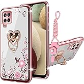 KuDiNi for Samsung Galaxy A12 Case, Galaxy a12 Phone Case for Women Glitter Slim Soft TPU Bling Cute Crystal Butterfly Heart Floral Protective with Ring Kickstand+Strap for Galaxy A12 5g (Rose Gold)