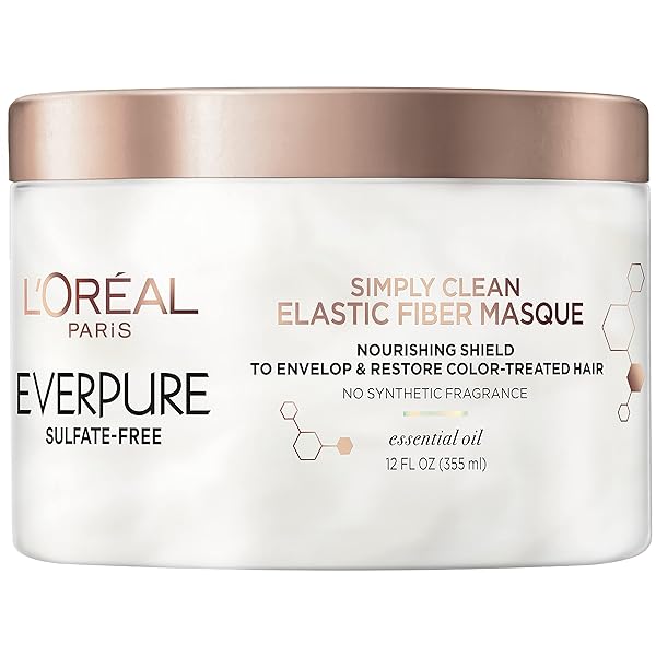 L’OREAL PARIS EVERPURE SULFATE FREE SIMPLY CLEAN ELASTIC FIBER MASQUE, HYDRATING 5 MINUTE DEEP CONDITIONING HAIR MASK FOR DRY DAMAGED HAIR, 12 FL OZ