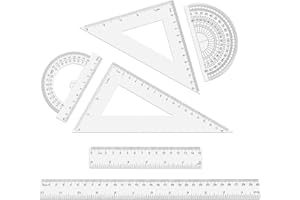 6pcs Ruler Set - Inches & Metric Clear Plastic 12 & 6 Inch Straight Ruler, Protractor, Triangle Geometry Set - School Classro