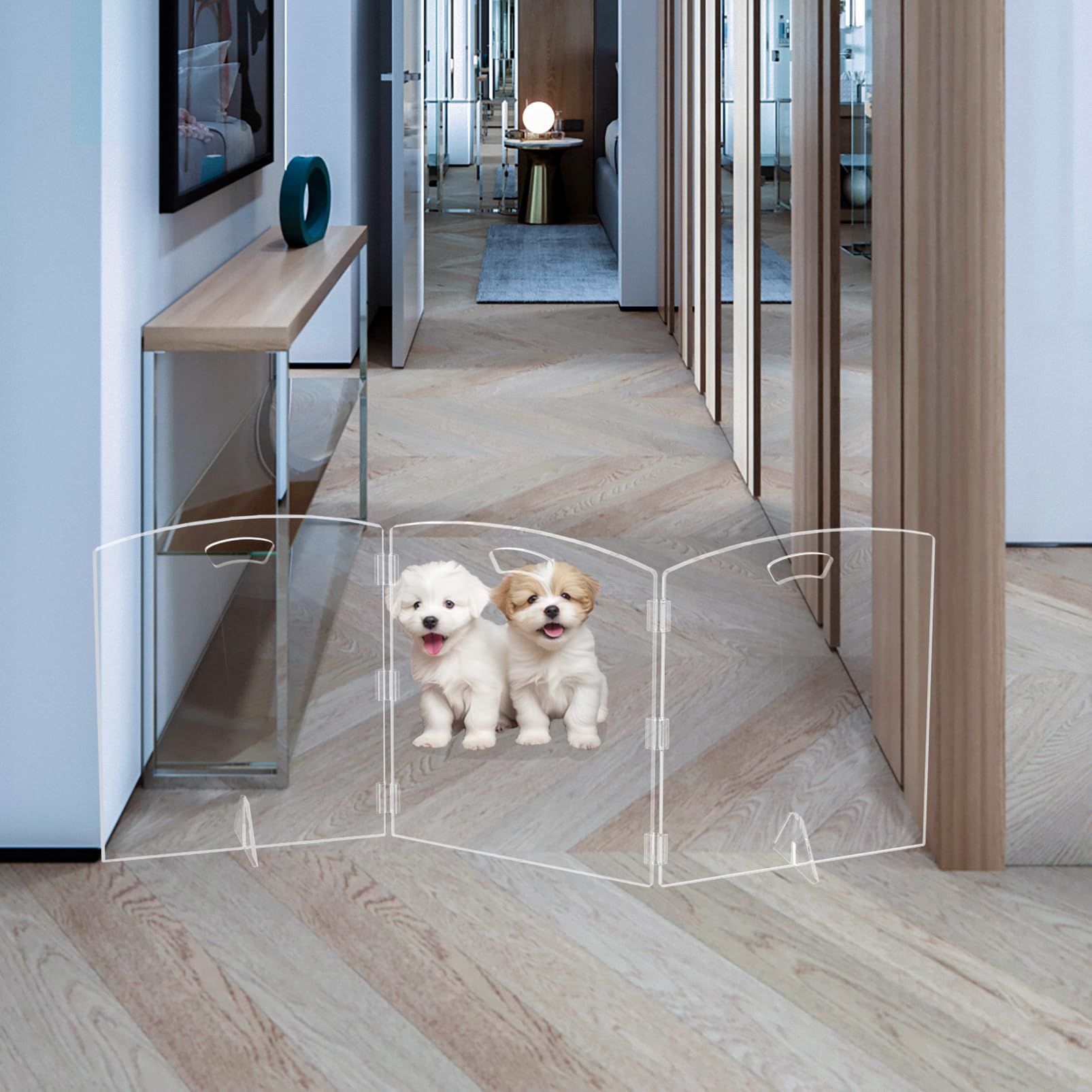 Photo 1 of *MINOR DAMAGE - USED*
Clear Freestanding Dog Gate for Indoor Use,Pet Gates for Doorways no Drilling,Acrylic Foldable Dog Gate for Stairs with Support Feet (3Panel - 60''W x 23''H)