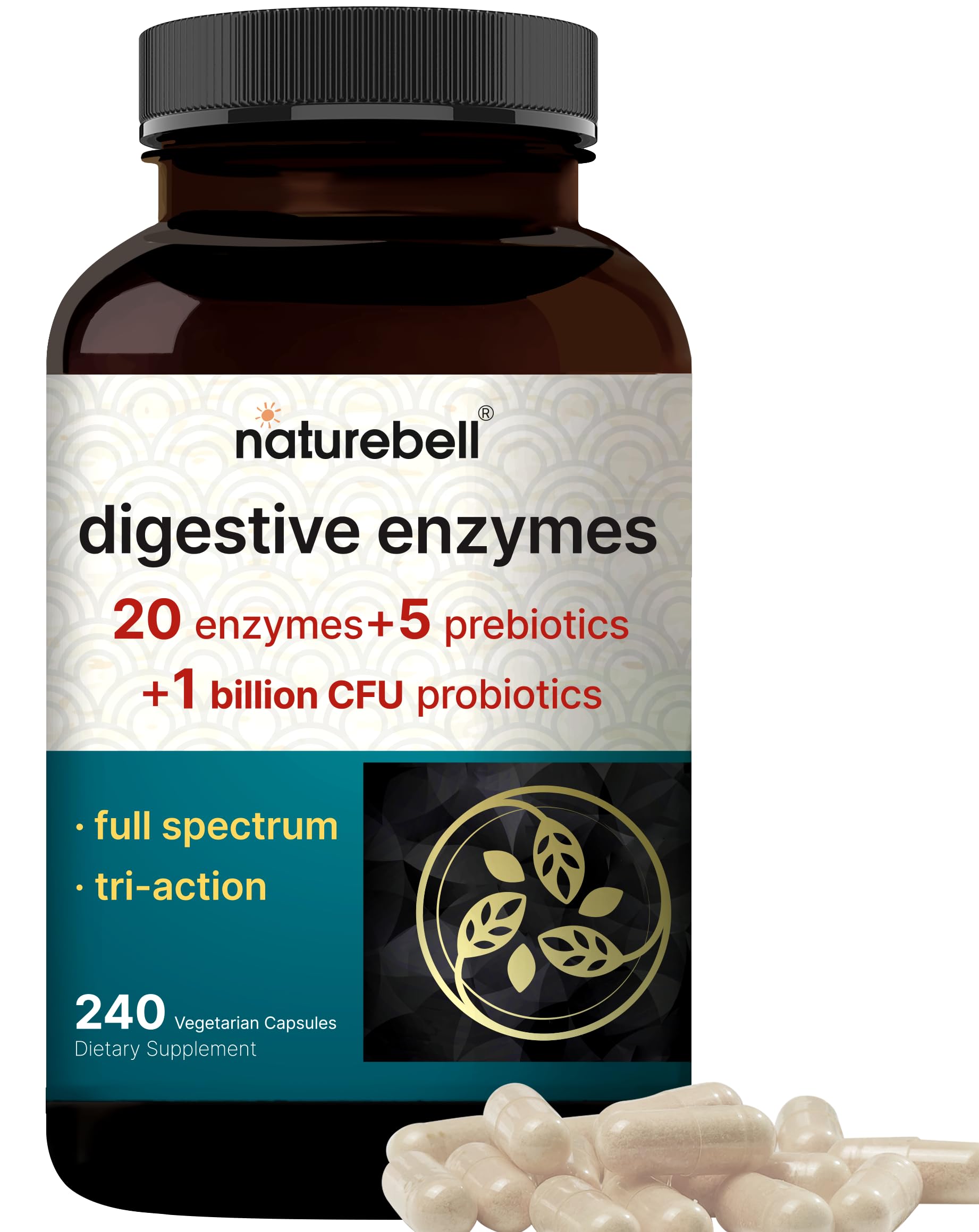 NatureBell Digestive Enzymes with Probiotics and Prebiotics, 240 Veggie Capsules | Gut & Digestive Health Support – 20 Enzyme & 5 Prebiotic Pancreatic Enzyme Complex | Non-GMO, Vegan Friendly