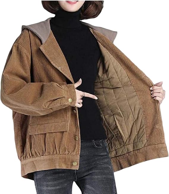 Women Corduroy Loose Hooded Jacket Long Sleeve Casual Coat Windbreaker