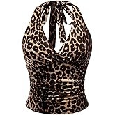 Floerns Women's Plus Size Leopard Print Sleeveless Crop Tank Tops Ruched Halter Tops