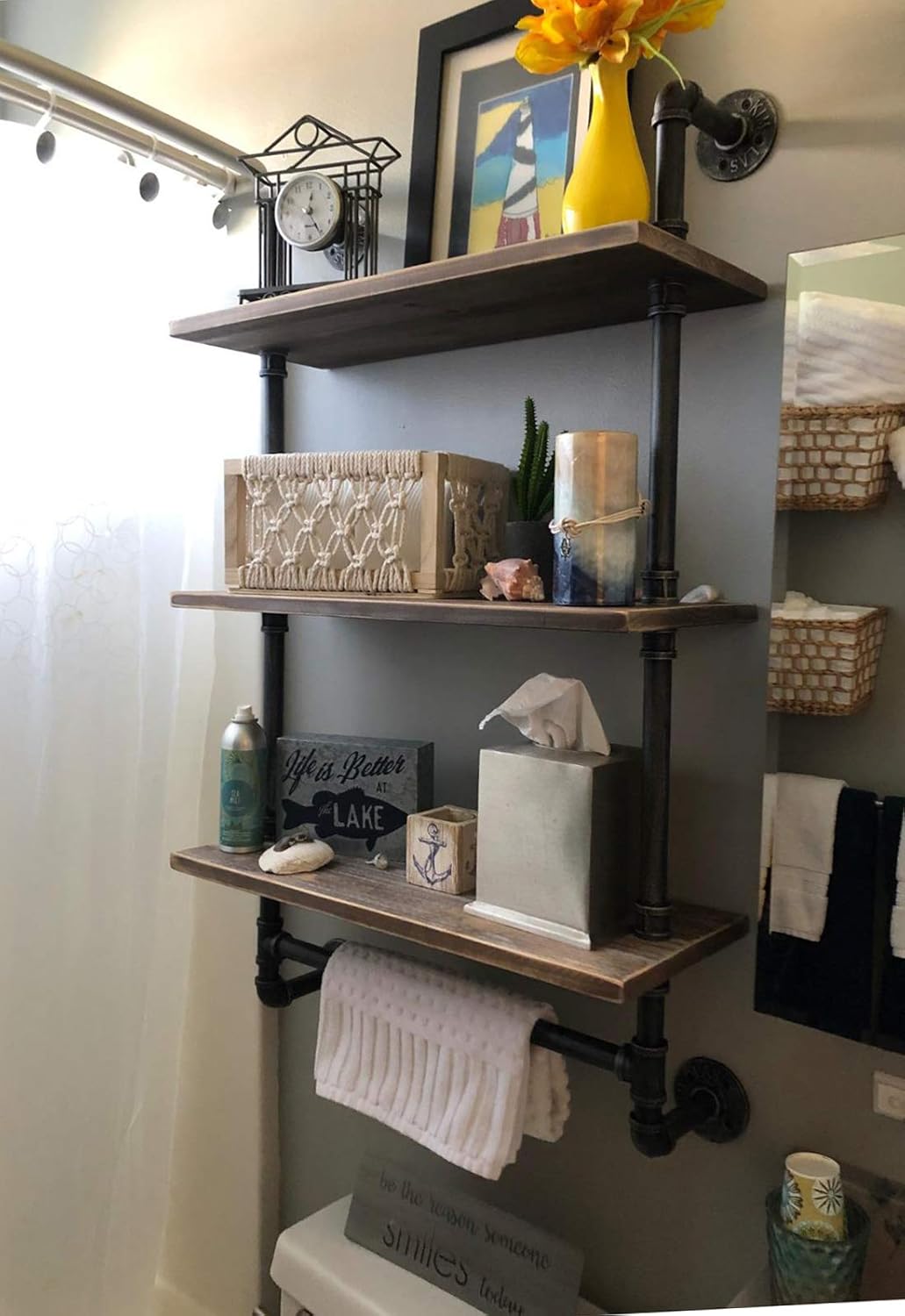Industrial Pipe Shelf,Rustic Wall Shelf with Towel Bar,24" Towel Racks for Bathroom,3 Tiered Pipe Shelves Wood Shelf Shelving …: Kitchen & Dining