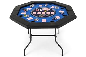 GOFLAME 48” Foldable Poker 8 Players, Blackjack Texas Hold’em with Padded Rails, Cup Holders, Folding Legs, Octagon Poker Card Board Game Table for Family Game Casino, Blue+Black