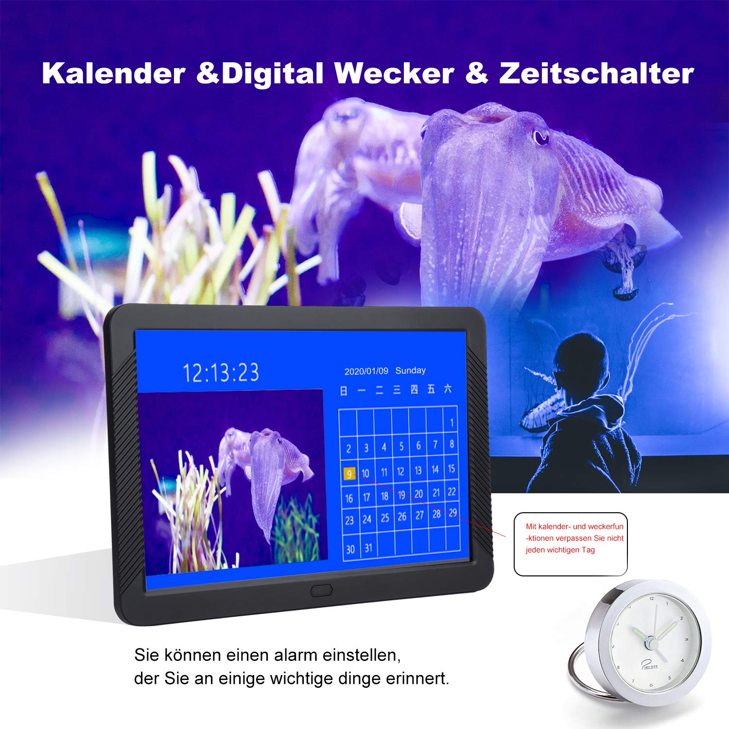 Digitaler Bilderrahmen 8 Zoll 1920 * 1080 Elektronischer Bilderrahmen Cofunkool HD IPS Display mit Foto Video Music Kalender Alarm Auto on/Off Timer unterstützt USB SD-Karte IR-Fernbedienung(Schwarz)