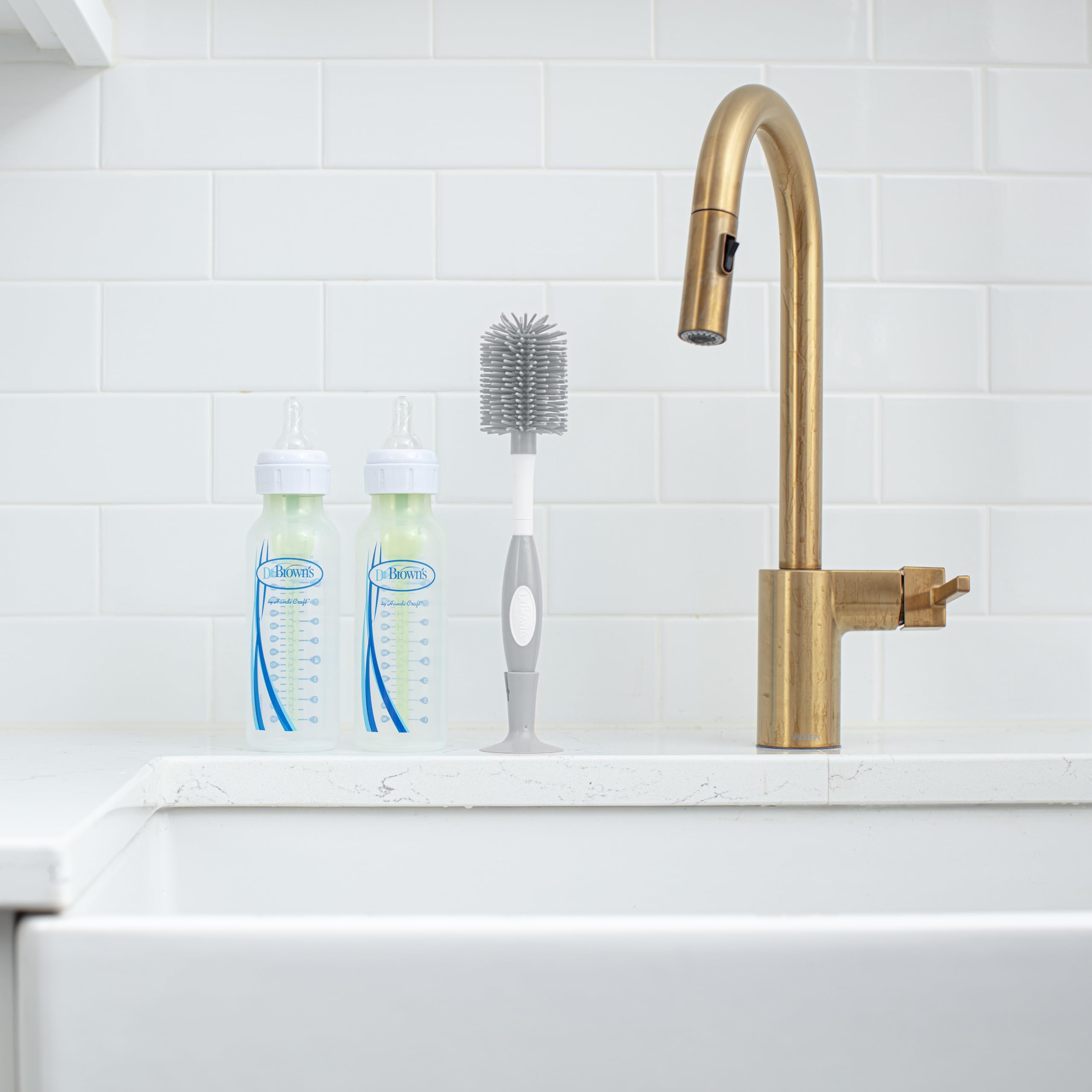 Dr. Brown's Soft Touch No Scratch Baby Bottle Cleaning Brush, Nipple Cleaner & Suction Cup Base for Easy Storage, BPA Free, Gray