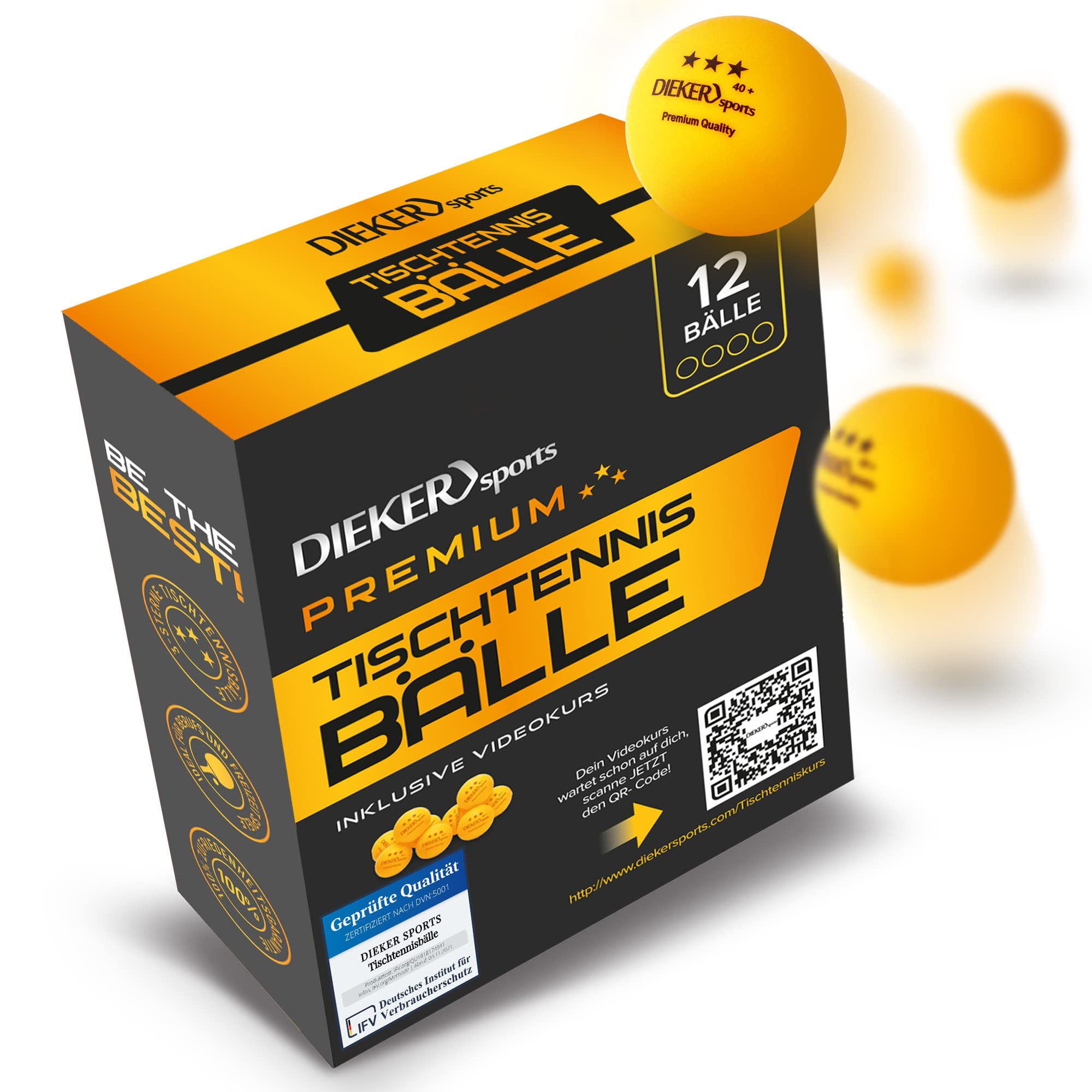 Dieker Sports Table Tennis Balls, Orange, 12 Item, 40+ mm, ABS Material