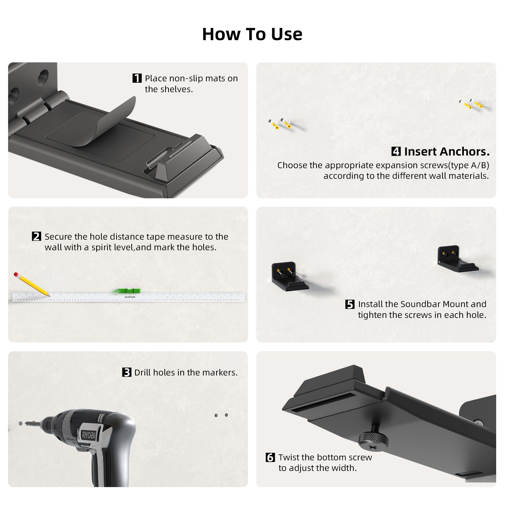 ELETIUO Soundbar Mount,Universal Dual Soundbar Wall Brackets Hold up to 30 Lbs, Adjustable & Extendable Length from 3.5”-6.1”,Anti-Drop Sound Bar Mount for Most of Soundbars,Black