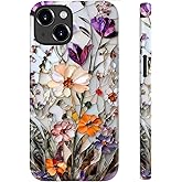LUHOURI for iPhone 14 Case,Wireless Charging Compatible,Dual-Layer - Soft Silicone Inner + Hard Outer Shell,Cute Wildflower Design,Protective Phone Cover for Women - Marble Pressed Flowers