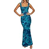 Caracilia Dresses for Women Summer 2026 Sleeveless Mesh Bodycon Floral Maxi Formal Wedding Guest Dress Party Spring