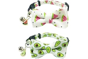 ADOGGYGO Cat Collar Breakaway with Cute Bow Tie Bell - 2 Pack Kitten Collar with Removable Bowtie Watermelon Avocado Pattern Cat Bowtie Collar for Cat Kitten (Avocado & Watermelon)