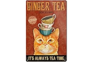 YEPZOER Ginger Tea Cat Sign Tin Sign Wall Art Decor Metal Sign Public Sign 8x12 inch