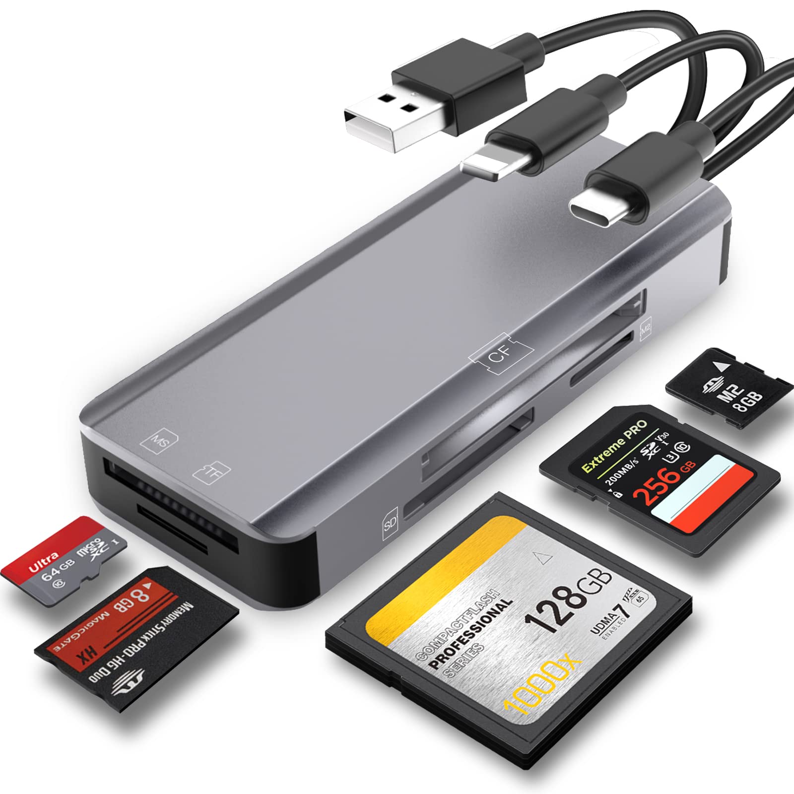 Photo 1 of 5-in-1 Multi Memory Card Reader,Aluminum SD/TF/CF/MS/M2/Micro SD Card Reader Adapter for i-Phone/i-Pad USB C and USB A Devices,No Application Required Plug and Play