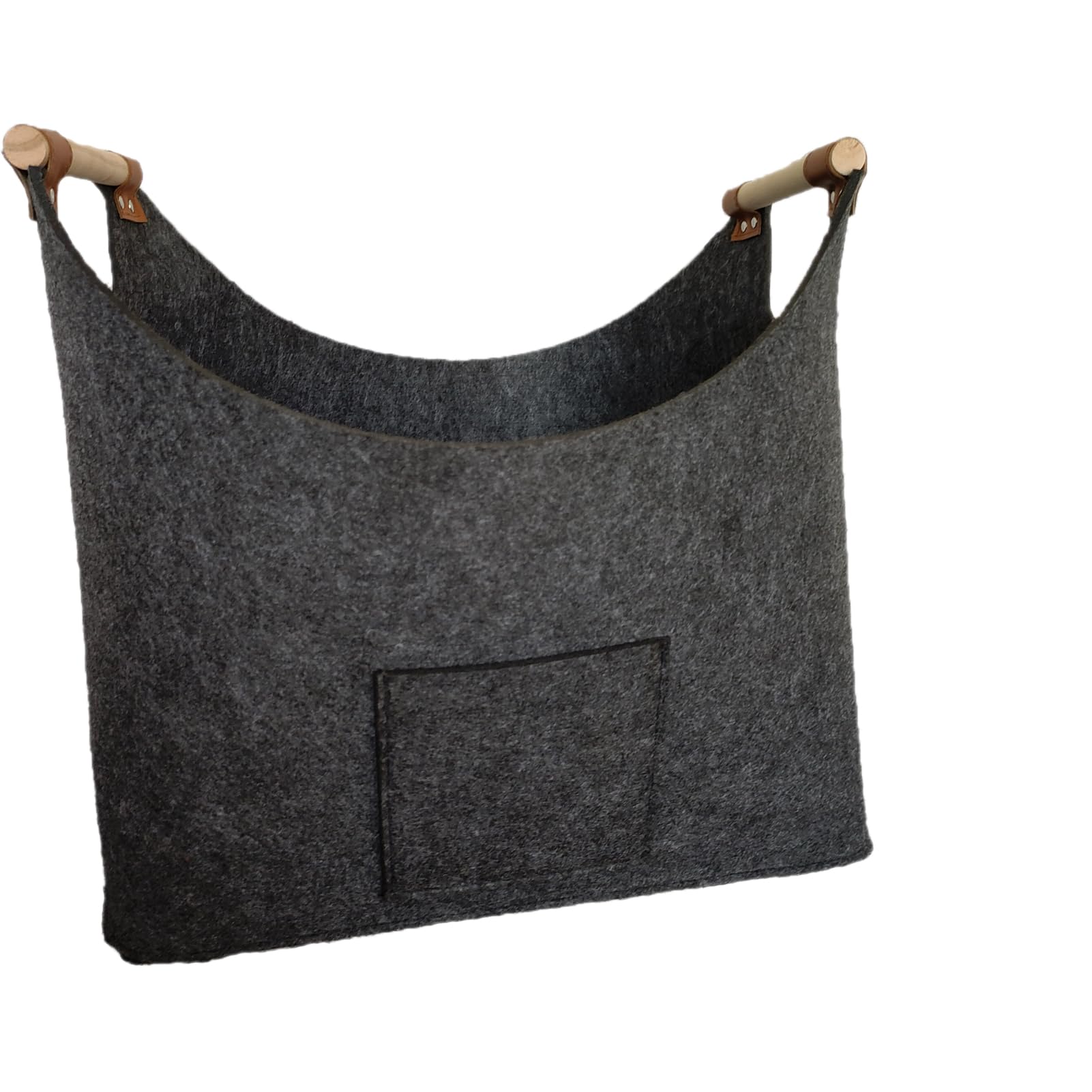 OBLLAR Felt Firewood Basket With Wooden Handle - Extra Large Foldable Storage Bag for Shopping, Wood, Newspaper (XL, Dark Grey)