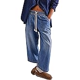 Zontroldy Women's Drawstring Mid Waisted Wide Leg Jeans Loose Fit Straight Leg Denim Pants with Pockets(1476-Navy-L)